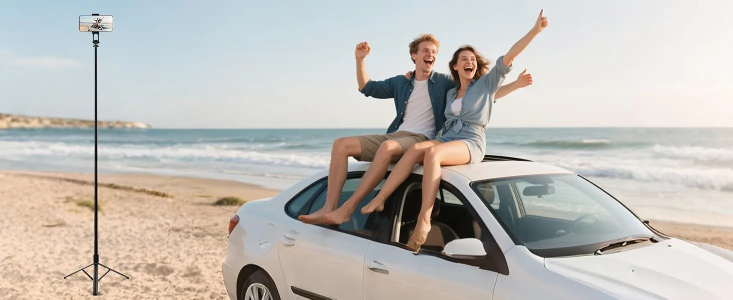 RISEOFLE tripod set up on a beach taking a photo of two friends sitting on a car